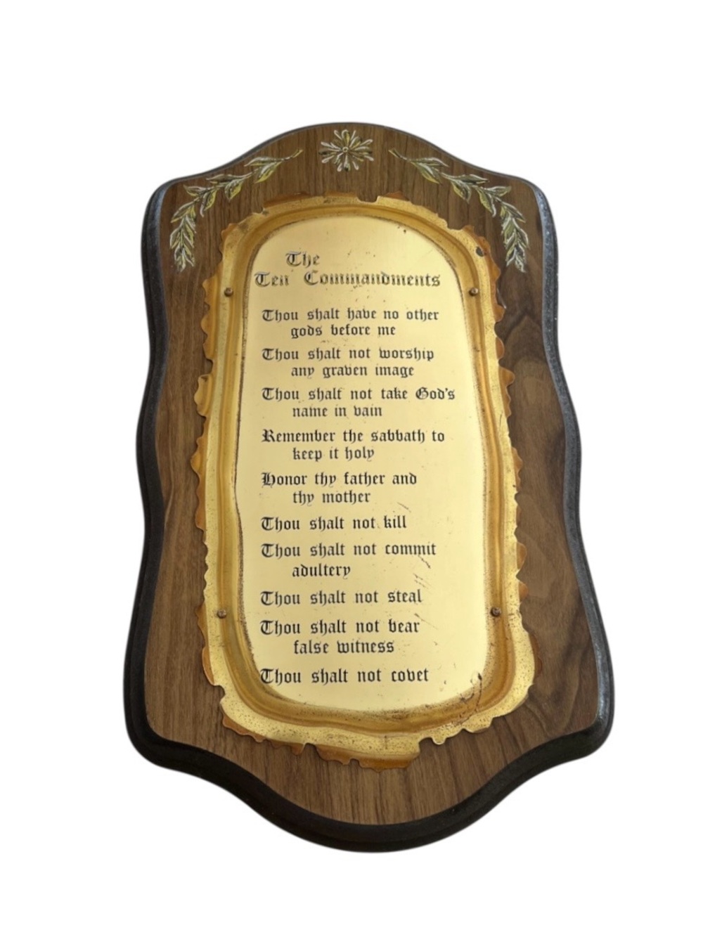 Vintage Ten Commandments Wall Hanging Plaque Wood Gold Tone Etched Plate Art
